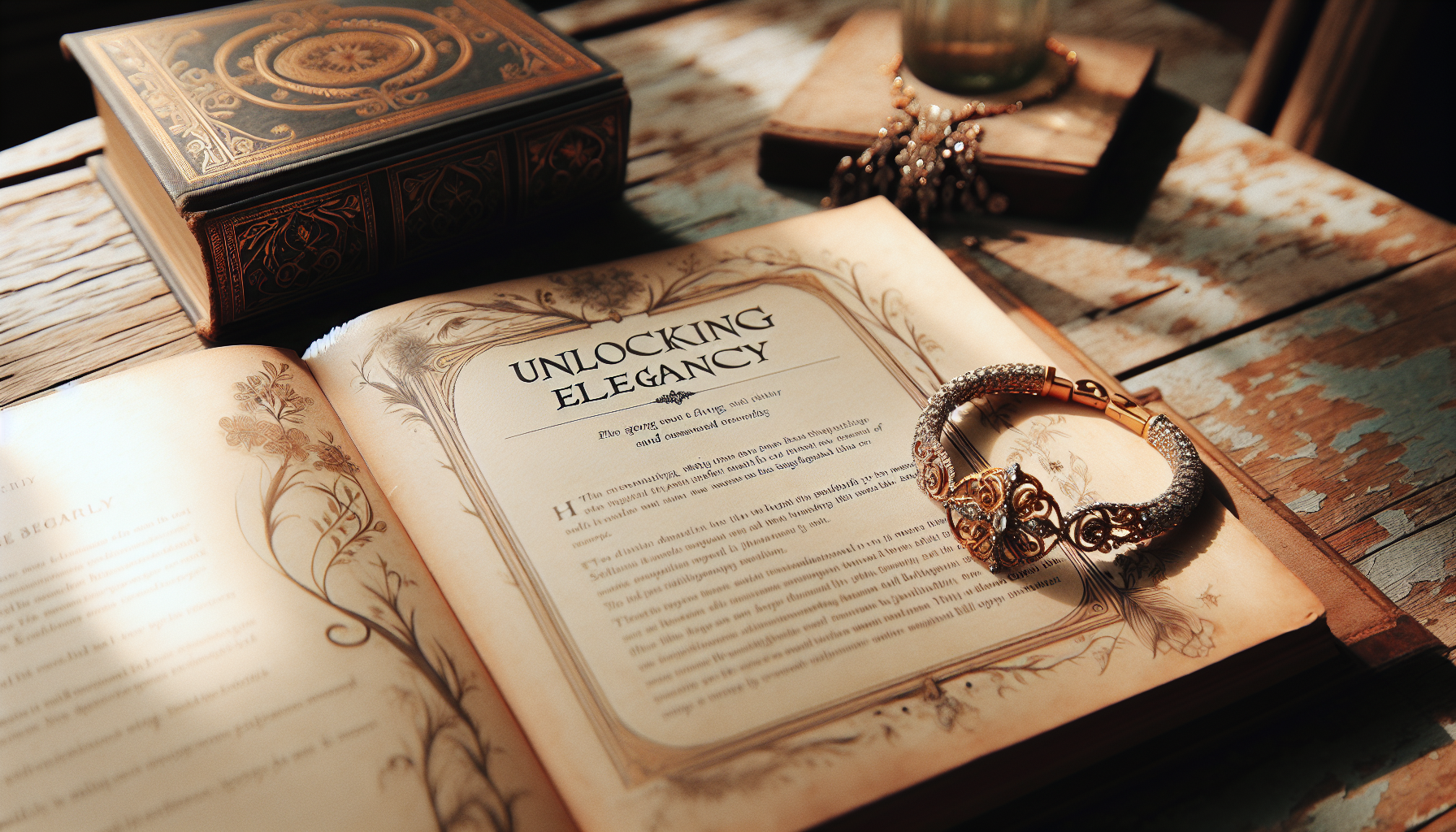 An image portraying the essence of elegance. In this image, a book titled 'Unlocking Elegance' lies open on a vintage wooden table. Beside the book, there is an intricately designed bracelet that seem