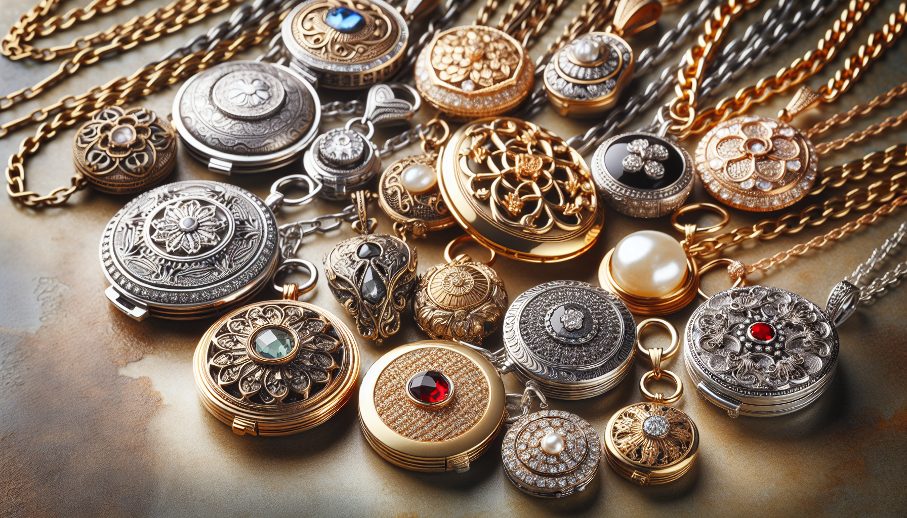 A collection of charming locket chains designed for women, each showcasing timeless elegance and finesse. The lockets should display a variety of intricate engravings, and each chain should exhibit a 