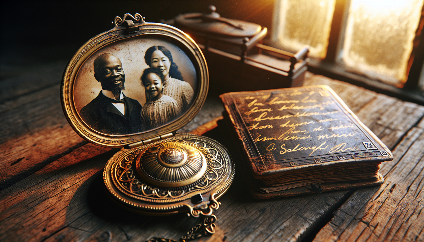 An old, intricately designed golden locket lying open on an antique wooden table. In the locket, there's a faded portrait of a smiling family: a black father, an Asian mother, and their white daughter